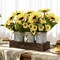 Spring Tabletop Decor – Rustic Artificial Sunflower Centerpiece with 3 Metal Pots on Wooden Tray, Faux Sunflowers for Home, Kitchen, Dining Table & Living Room